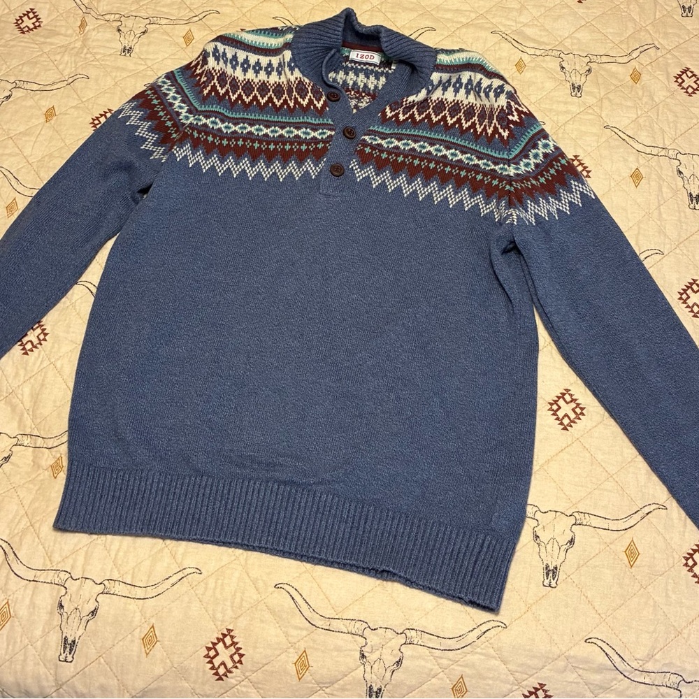 Izod Blue and Brown Patterned Crewneck Sweater